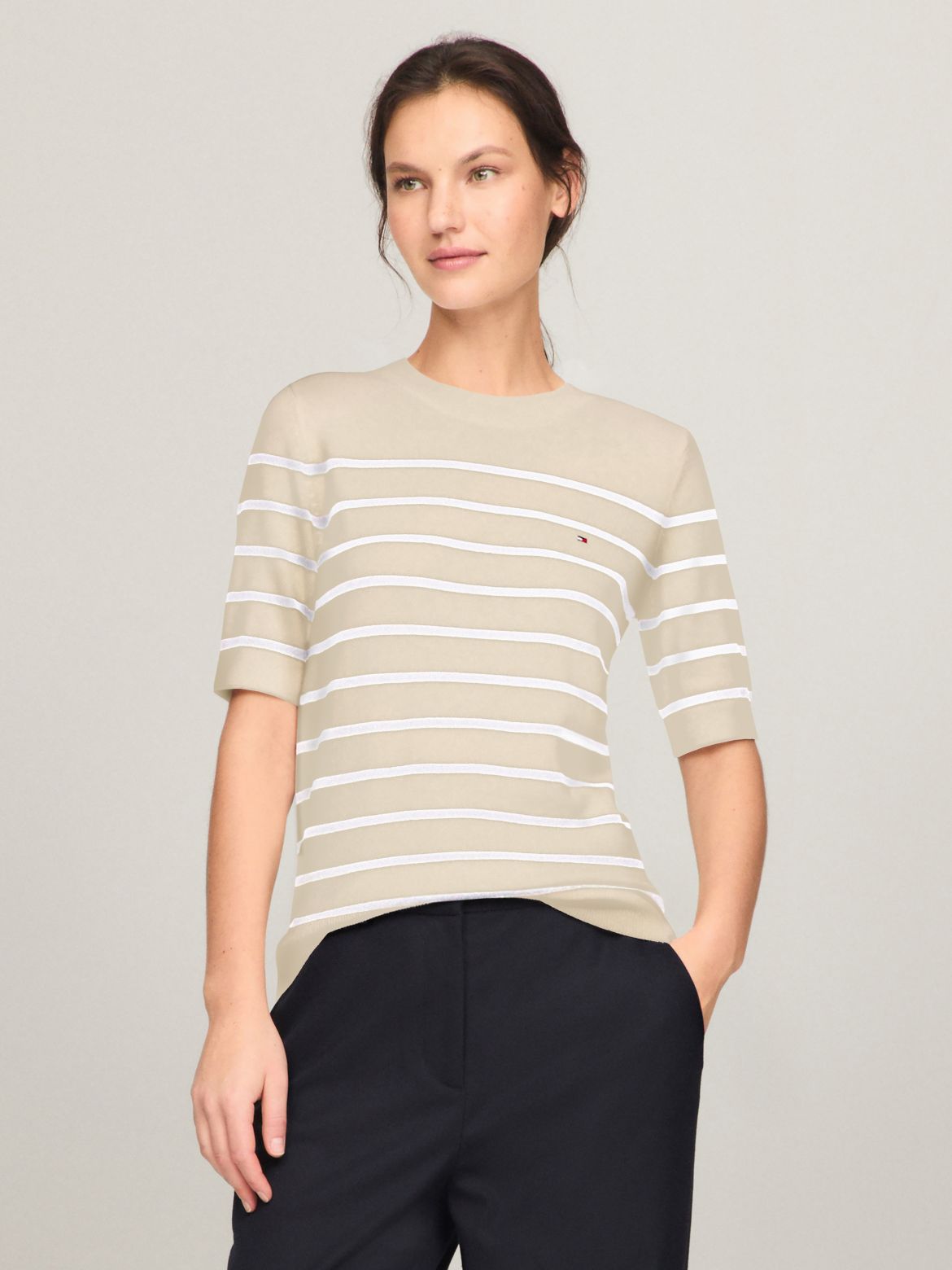 Tommy Hilfiger Women's Short-Sleeve Stripe Sweater - Beige - XXS