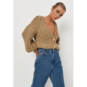 Missguided Sand Button Front Cinched Waist Handknit Cardigan  - Camel - Size: US 6/8