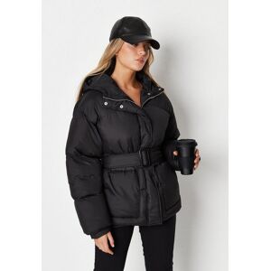 Missguided Black Belted Hood Puffer Coat  - Black - Size: US 6