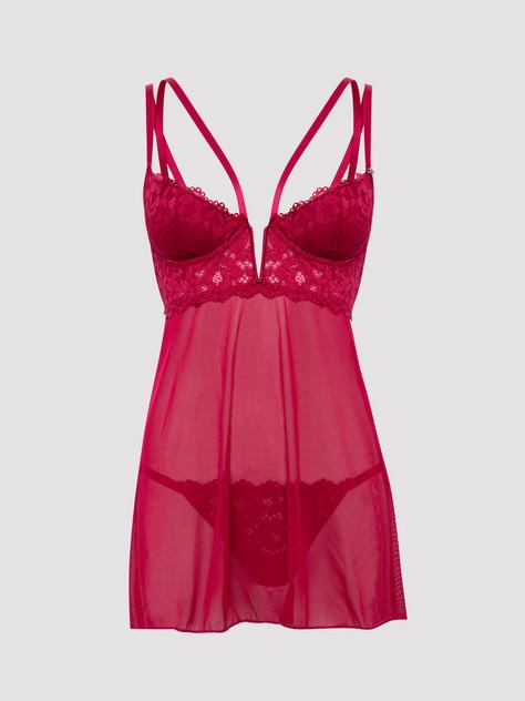 Lovehoney Lingerie Lovehoney Plus Size Parisienne Wine Lace Plunge Babydoll Set