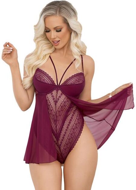 Escante Wine Lace and Mesh Underwired Teddy