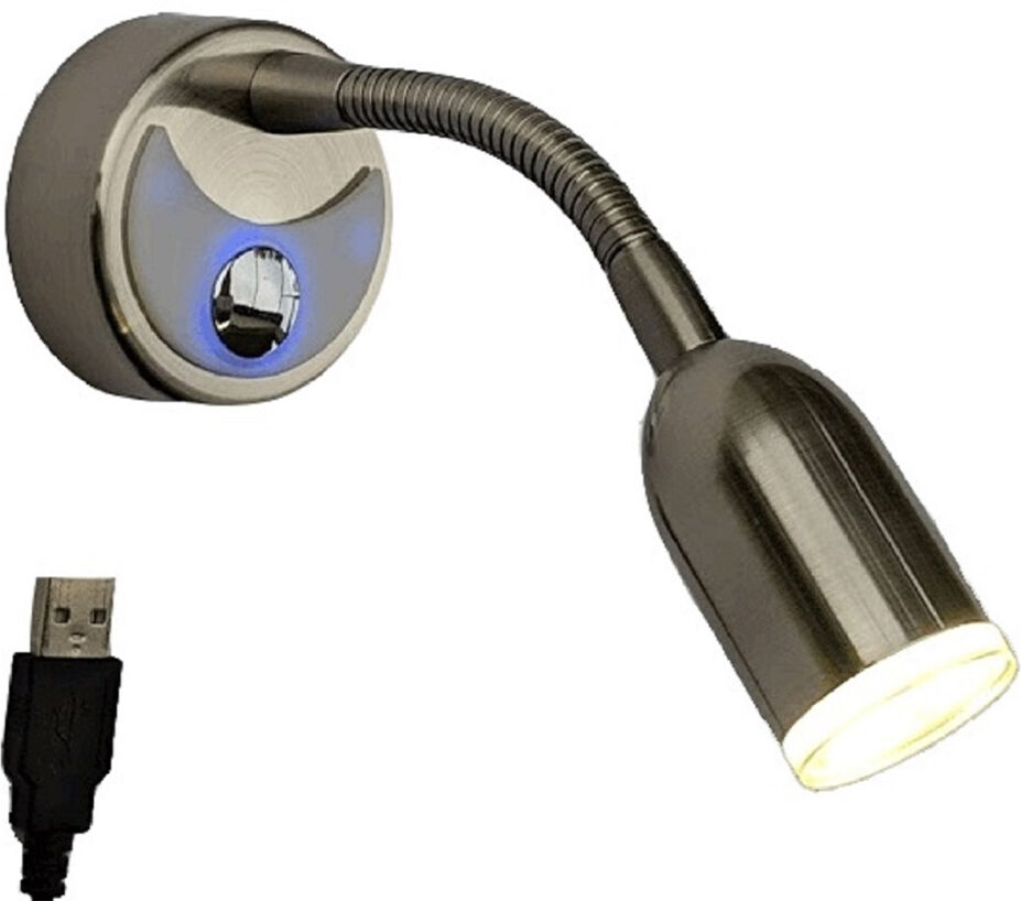 Bee Green LED Flex USB Equipped 12 Volt LED Reading Light with Flexible Gooseneck, Satin Nickel and Blue Nightlight