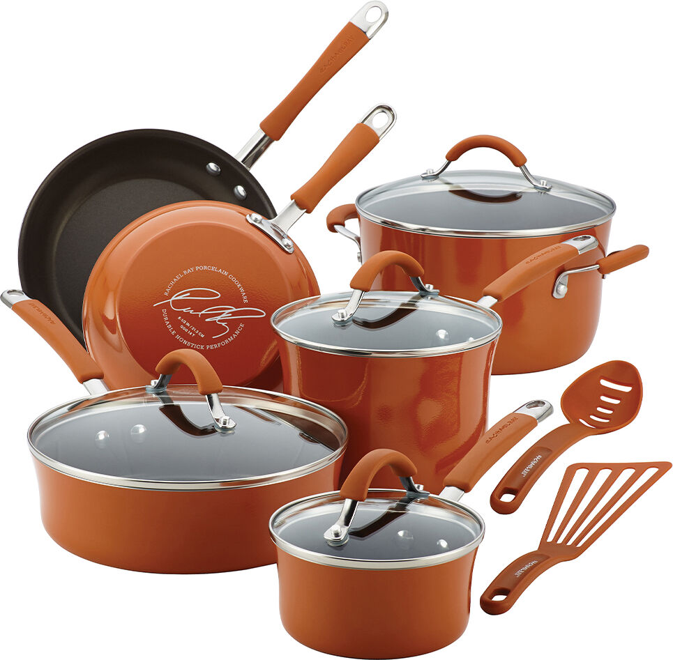 Rachael Ray Cucina 12-Piece Porcelain Cookware Set, Pumpkin Orange