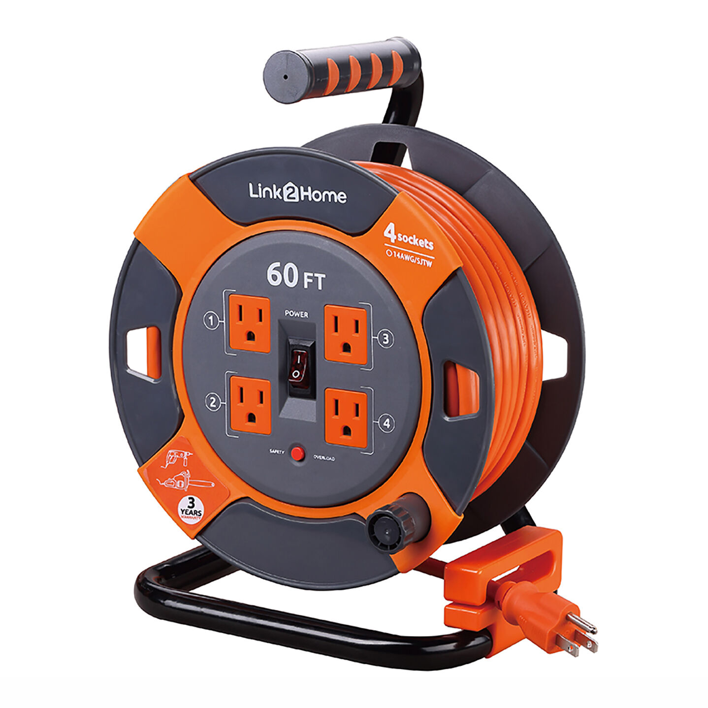 Paragon Group Usa LLC Link2Home Power Reel 60' Extension Cord with 4 Power Outlets in Orange