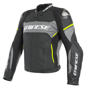 DAINESE RACING 3 D-AIR PERF. LEATHER JACKET - BLACK-MATT/CHARCOAL-GRAY/FLUO-YE - Size: 52