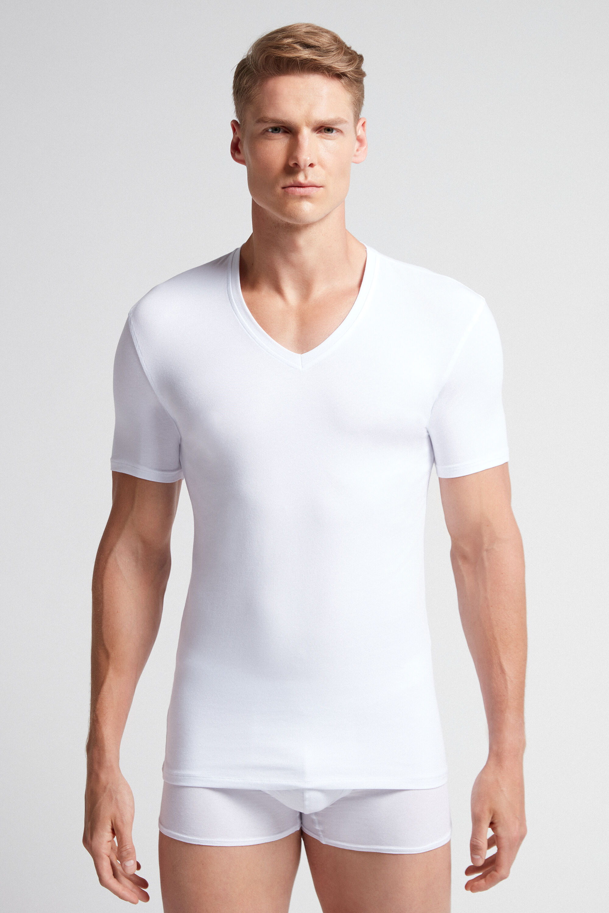 Intimissimi Stretch Superior Cotton V-Neck T-Shirt Man White Size XL