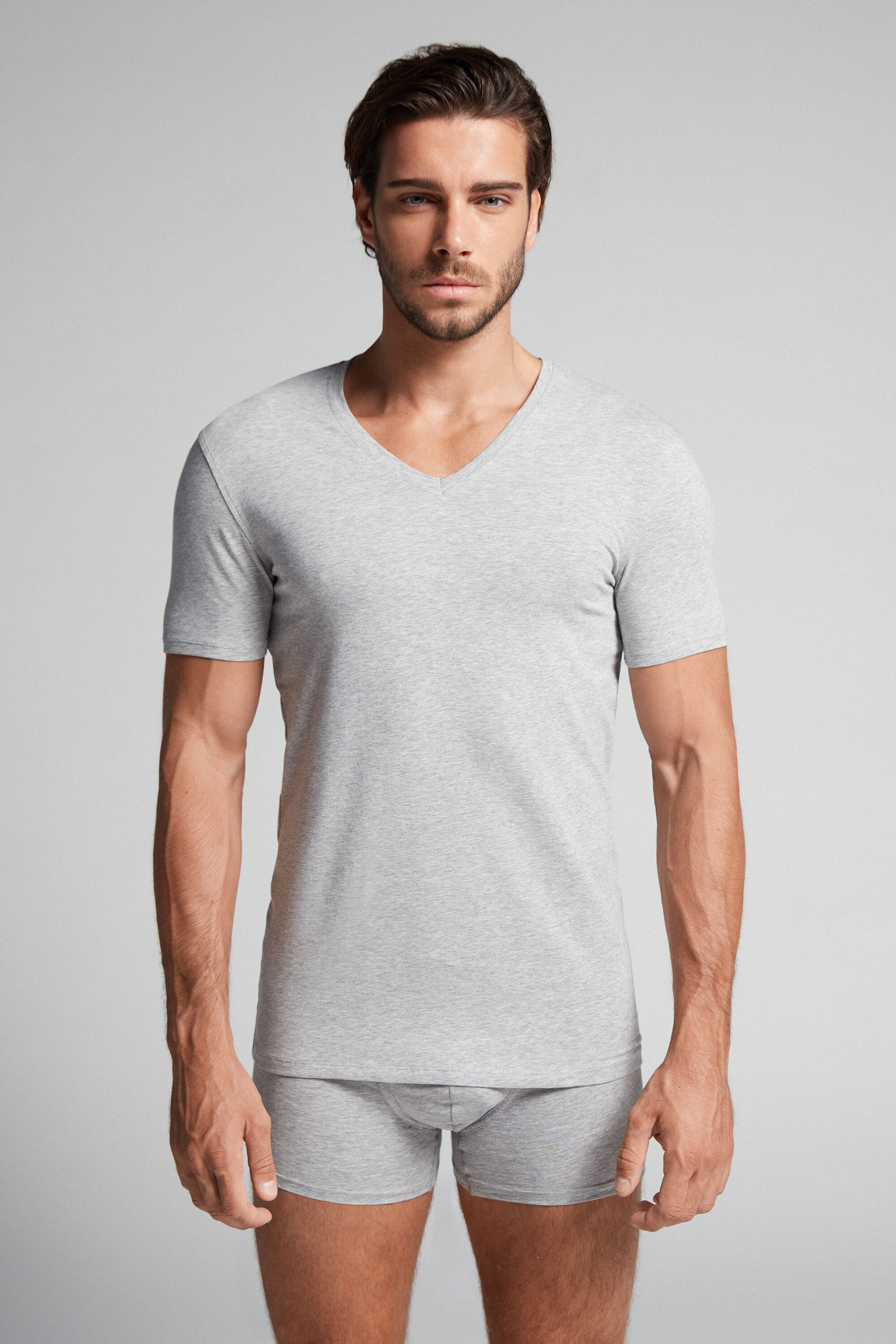 Intimissimi Stretch Superior Cotton V-Neck T-Shirt Man Grey Size XXL