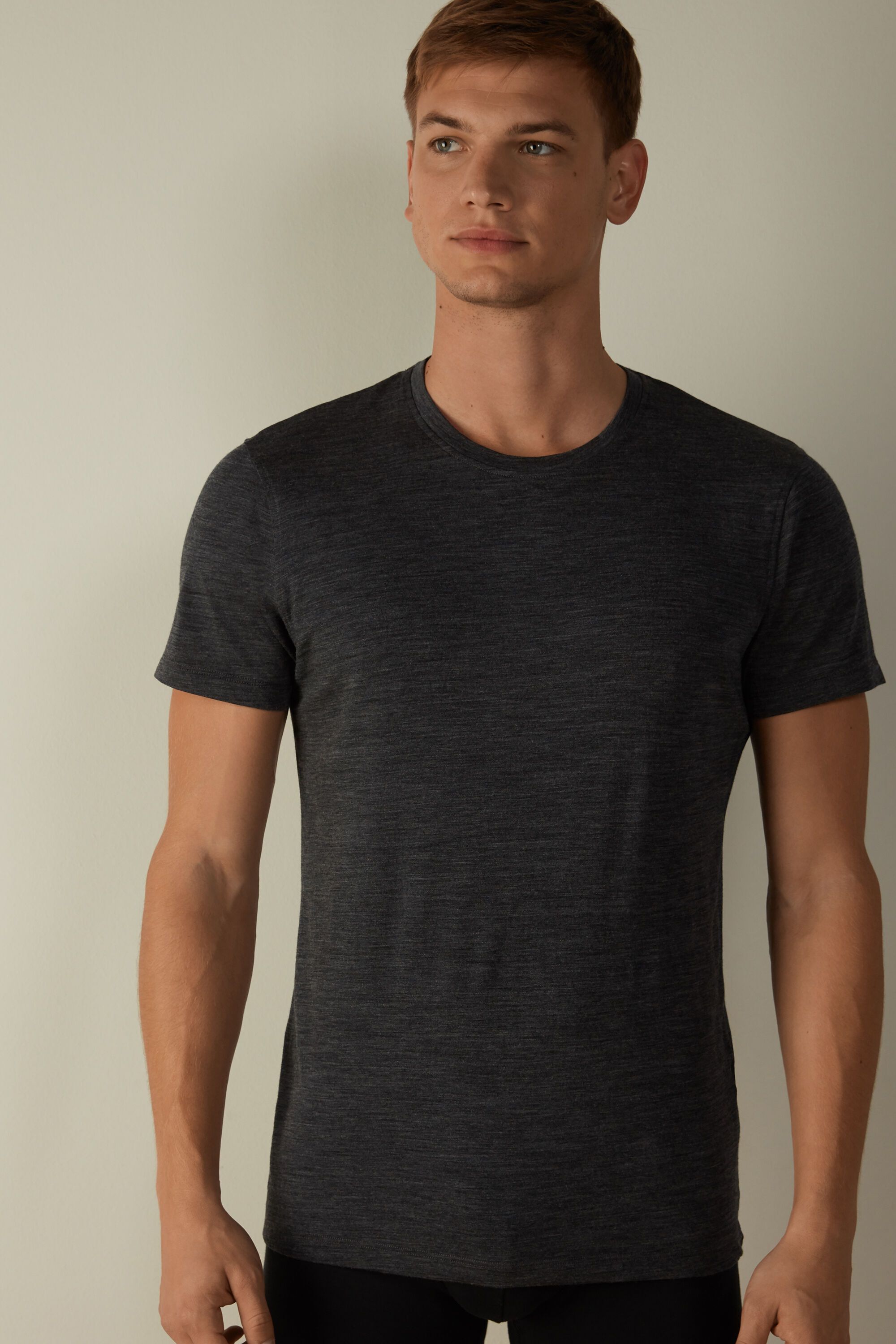 Intimissimi Stretch Merino Wool Short-Sleeve T-Shirt Man Dark Grey Size XL