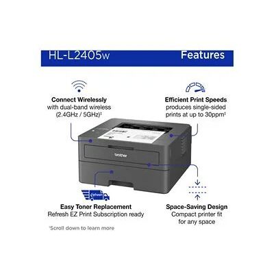 Brother HL-L2405W Wireless Compact Monochrome Laser Printer, Mobile Printing, Refresh Subscription Eligible Brother HL-L2405W Wireless Compact Monochrome Laser Printer, Mobile Printing, Refresh Subscription Eligible