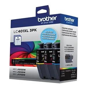 Brother LC401XL3PKS High Yield Color Ink Cartridge 3 Pack (1 each of Cyan, Magenta and Yellow) For Use With MFCJ1010DW & J1170DW