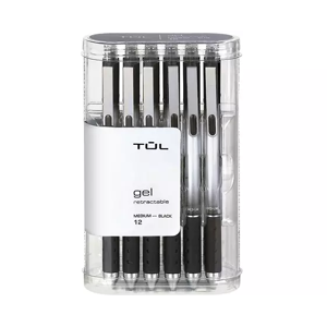 Office Depot TUL Retractable Gel Pens, Medium Point, 0.7 mm, Silver Barrel, Black Ink, Pack Of 12 Pens