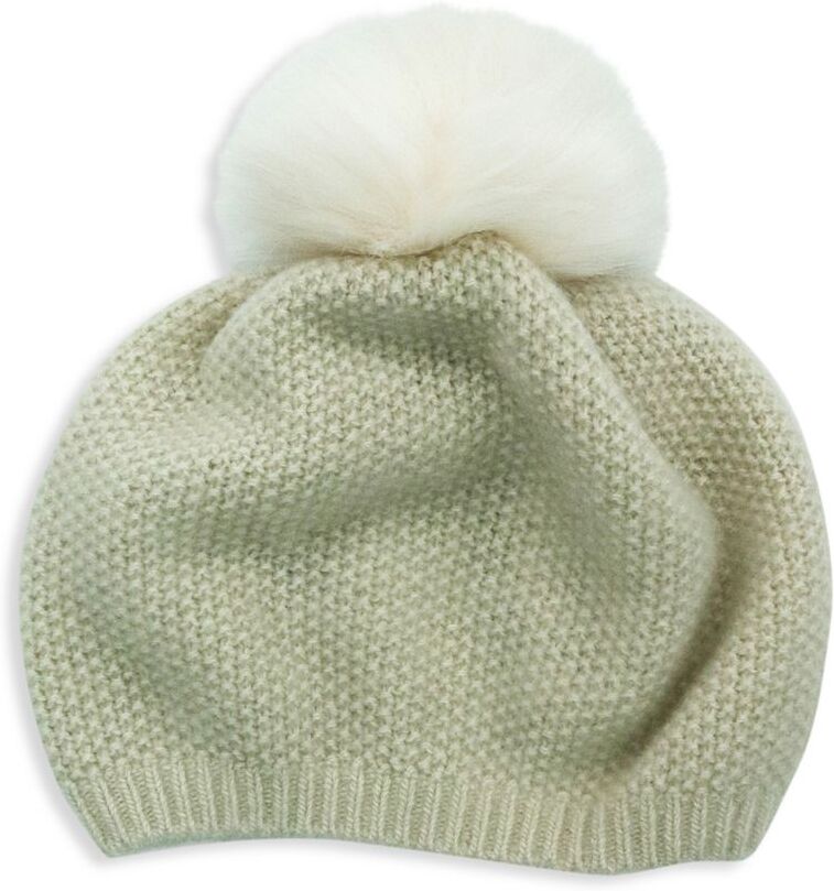 Portolano Women's Seed Knit Faux Fur Pom Pom Cashmere Beanie - Ivory  - female - Size: one-size