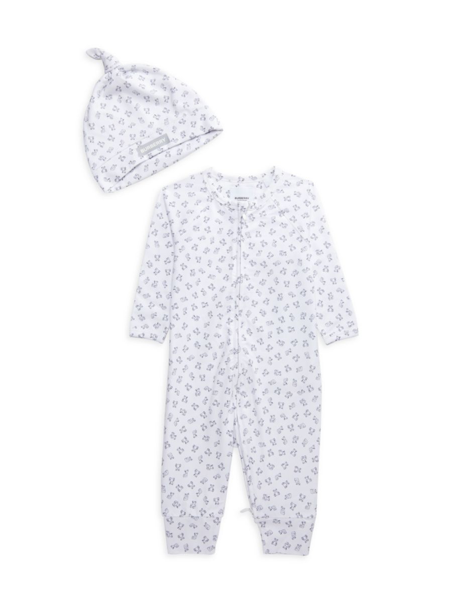 Burberry Baby Boy's 2-Piece Bear Print Coverall & Beanie Set - Blue White - Size 12 Months  - male - Size: 12 Months