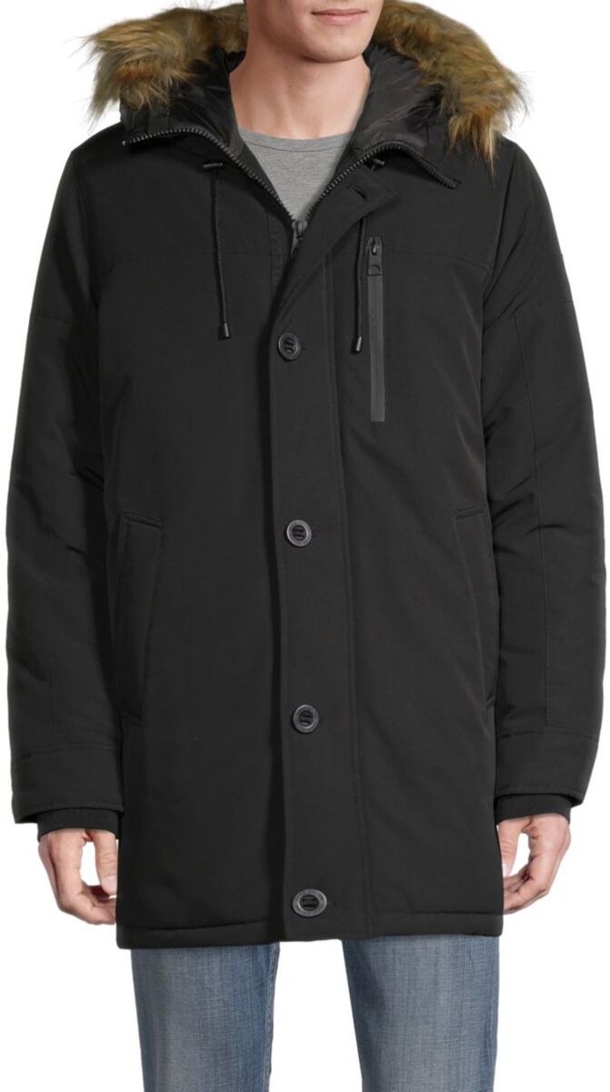 Guess Men's Faux Fur Hooded Parka - Black - Size XL  - male - Size: XL