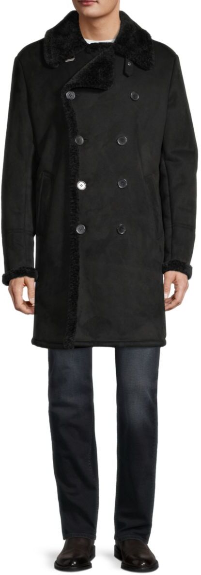 Guess Men's Double-Breasted Faux Shearling Long Coat - Black - Size XL  - male - Size: XL