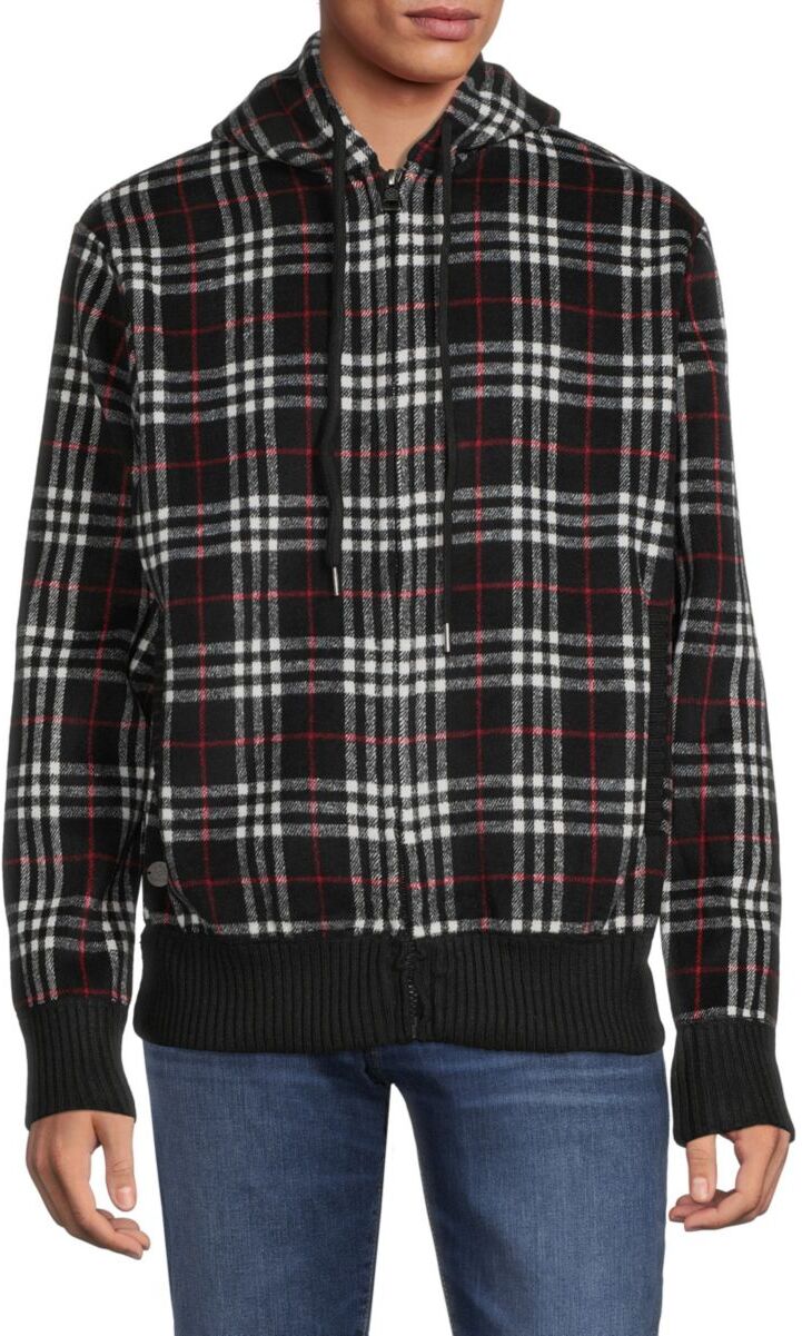 Point Zero by Maurice Benisti Men's Plaid Hooded Bomber Jacket - Black Multi - Size S  - male - Size: S