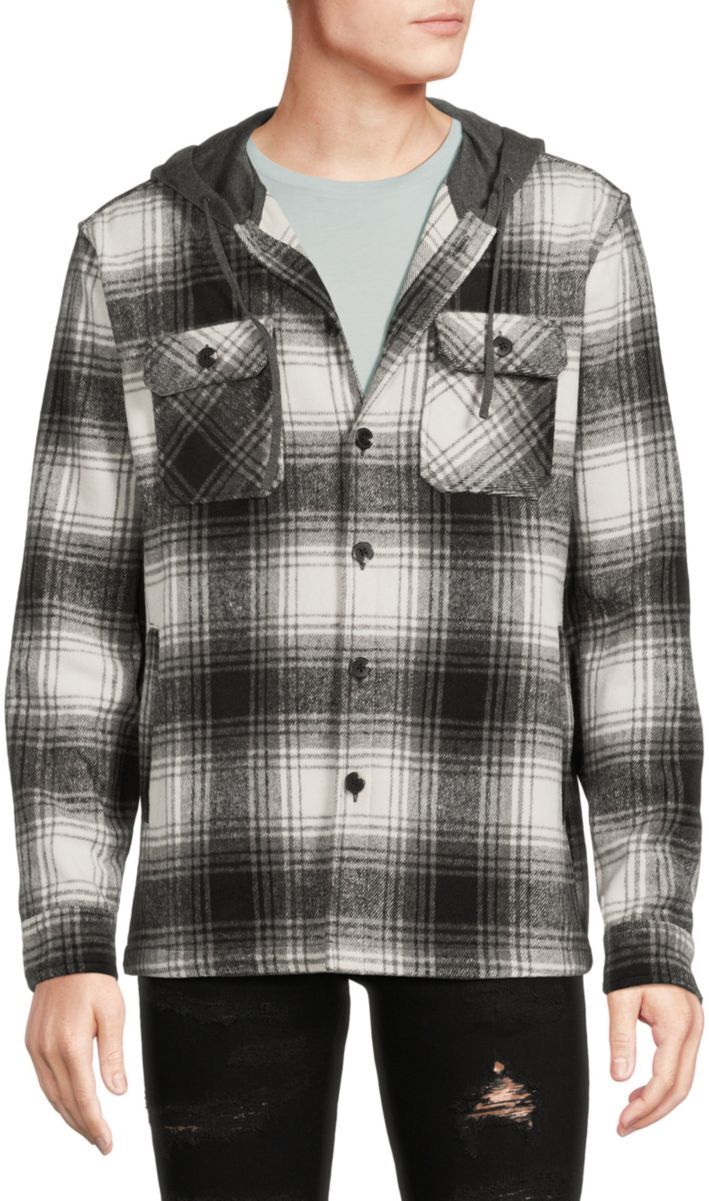 Flag & Anthem Men's Grundy Plaid Hooded Shirt Jacket - White Charcoal - Size XL  - male - Size: XL