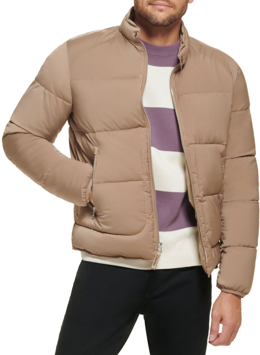 Calvin Klein Men's Water Resistant Moto Puffer Jacket - Beige - Size XL  - male - Size: XL