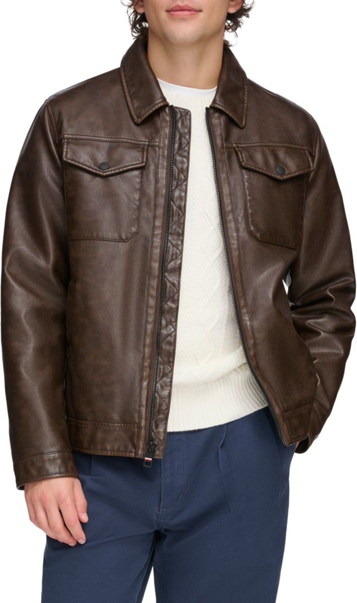 Tommy Hilfiger Men's Tommy Faux Leather Trucker Jacket - Dark Brown - Size S  - male - Size: S