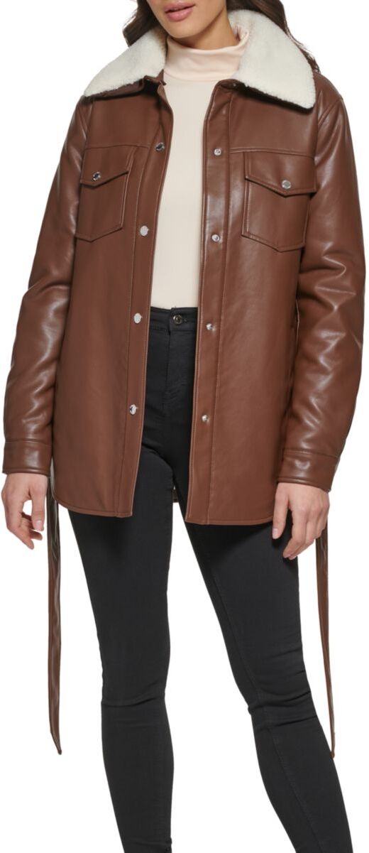 Kenneth Cole Women's Faux Leather & Faux Shearling Belted Shirt Jacket - Chocolate - Size L  - female - Size: L