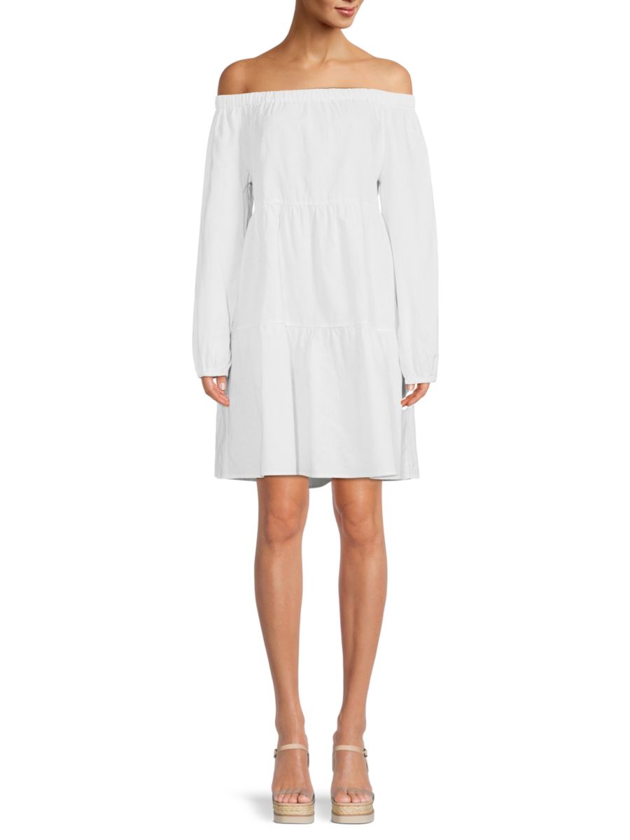 Saks Fifth Avenue Made in Italy Saks Fifth Avenue Women's Off Shoulder Linen Blend Shift Dress - White - Size S  - female - Size: S