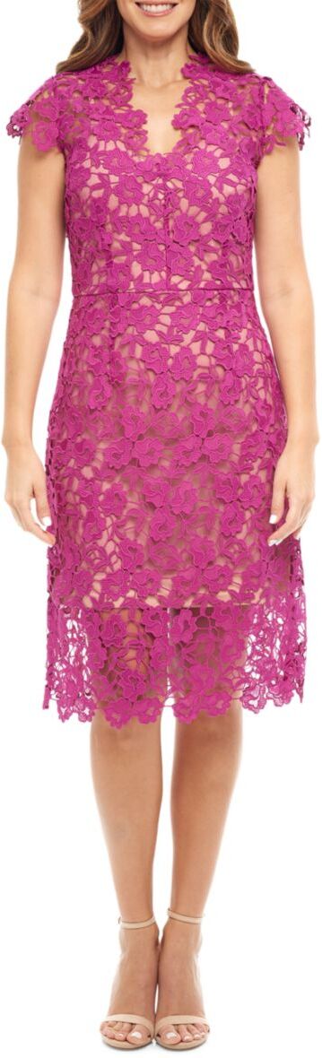 Rene Ruiz Collection Women's V Neck Lace Sheath Cocktail Dress - Fuchsia - Size 14  - female - Size: 14