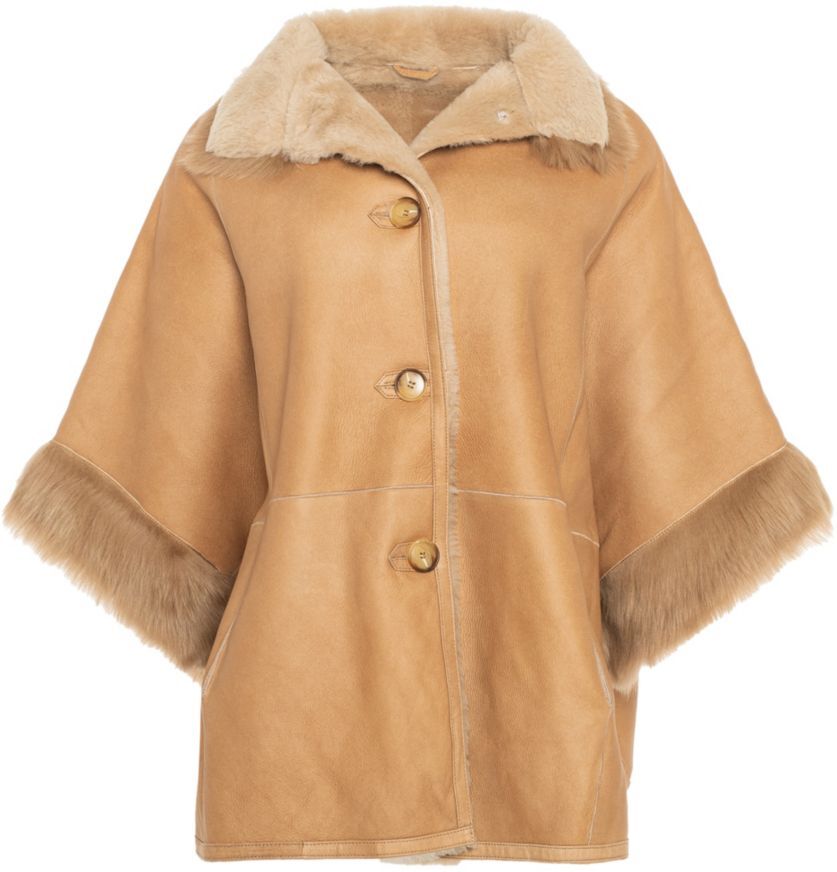 WOLFIE FURS Women's Made For Generations™ Merino Shearling & Fur Trim Cape Jacket - Camel Gold  - female - Size: one-size