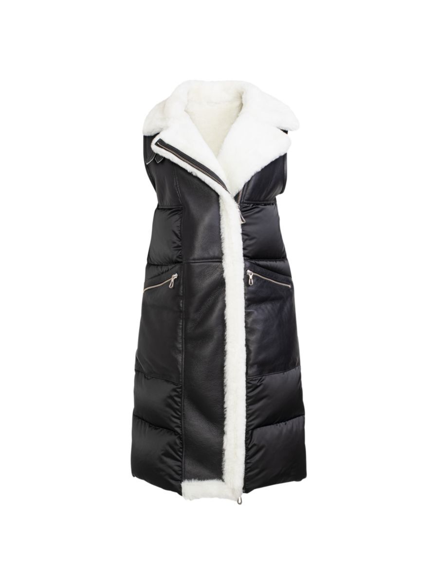 WOLFIE FURS Women's Made For Generations™ Goose Down Long Shearling Puffer Vest - Black White - Size M  - female - Size: M