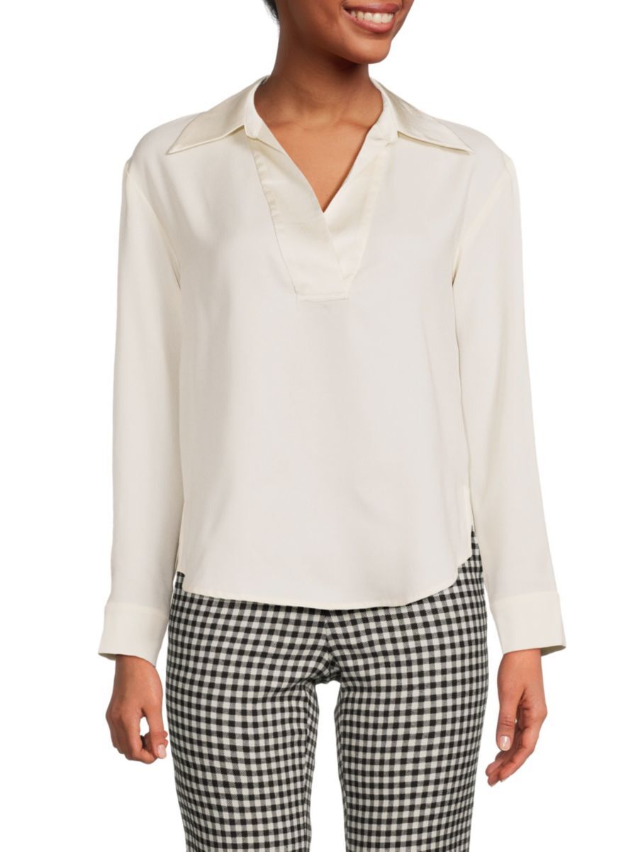Saks Fifth Avenue Made in Italy Saks Fifth Avenue Women's Johnny Collar Satin Shirt - Off White - Size L  - female - Size: L