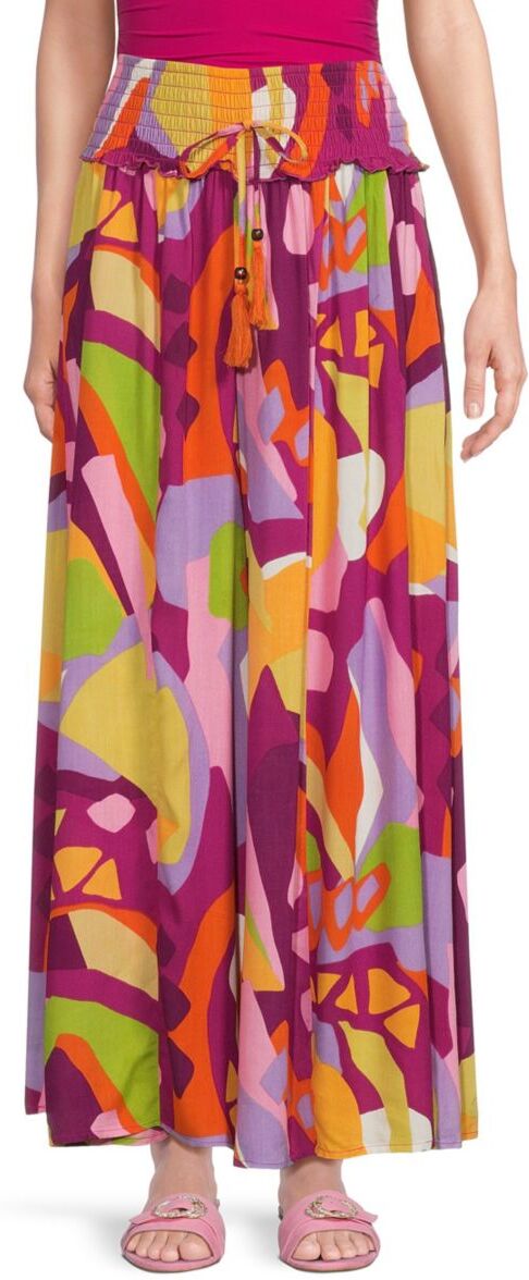 True Destinations Women's Abstract Smocked Waist Wide Leg Pants - Pansy Purple Multi - Size XL  - female - Size: XL