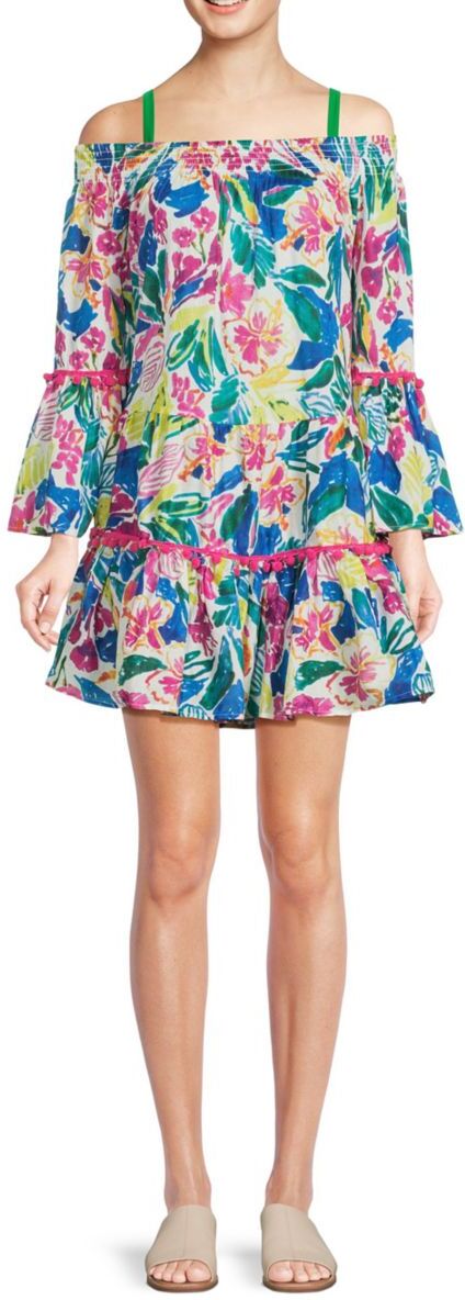 True Destinations Women's Voile Floral Pom Pom Tunic - Size XL  - female - Size: XL