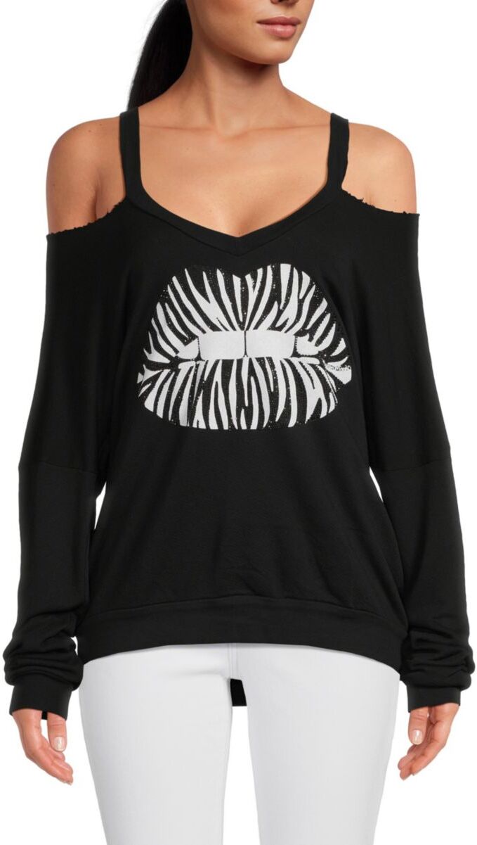 Lauren Moshi Women's Embellished Lips Cold Shoulder Sweatshirt - Black - Size XS  - female - Size: XS