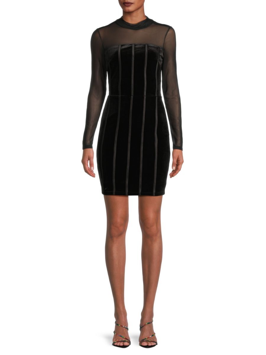 Bebe Women's Illusion Mesh Velvet Mini Dress - Black - Size L  - female - Size: L