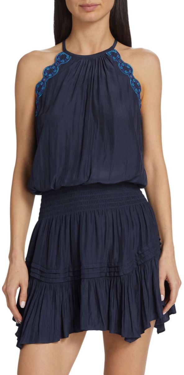 Ramy Brook Rowan Embroidery Halterneck Mini Dress - Spring Navy - Size L  - female - Size: L