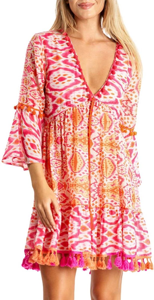 La Moda Clothing Women's Ikat Tassel Mini A-Line Dress - Pink Multi - Size S/M  - female - Size: S/M