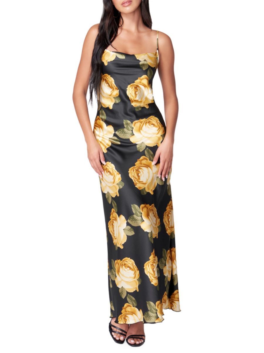 Bebe Women's Rose Maxi Slip Dress - Black Multi - Size L  - female - Size: L
