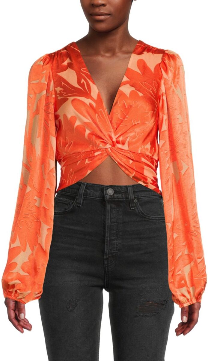 Ramy Brook Women's Connor Floral Twisted Satin Crop Top - Bright Peach - Size L  - female - Size: L