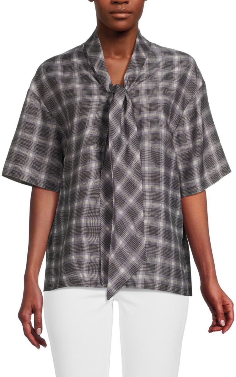 Theory Women's Tie Neck Plaid Silk Blend Top - Grey Multicolor - Size M  - female - Size: M