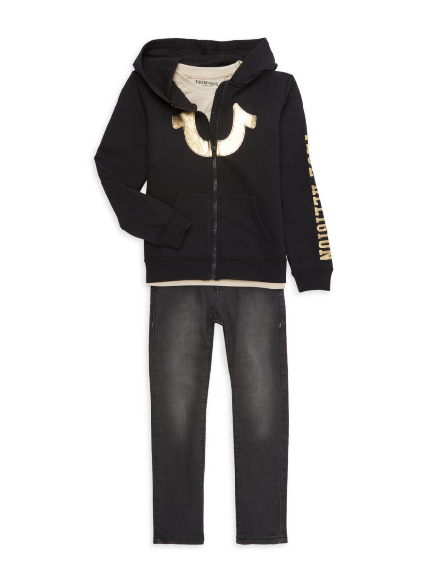 True Religion Boy's 3-Piece Logo Tee, Hoodie & Jeans Set - Black - Size 2T  - male - Size: 2T