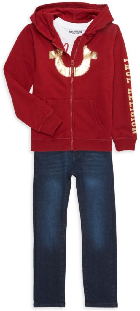 True Religion Boy's 3-Piece Logo Tee, Hoodie & Jeans Set - Red Dahlia - Size 4T  - male - Size: 4T