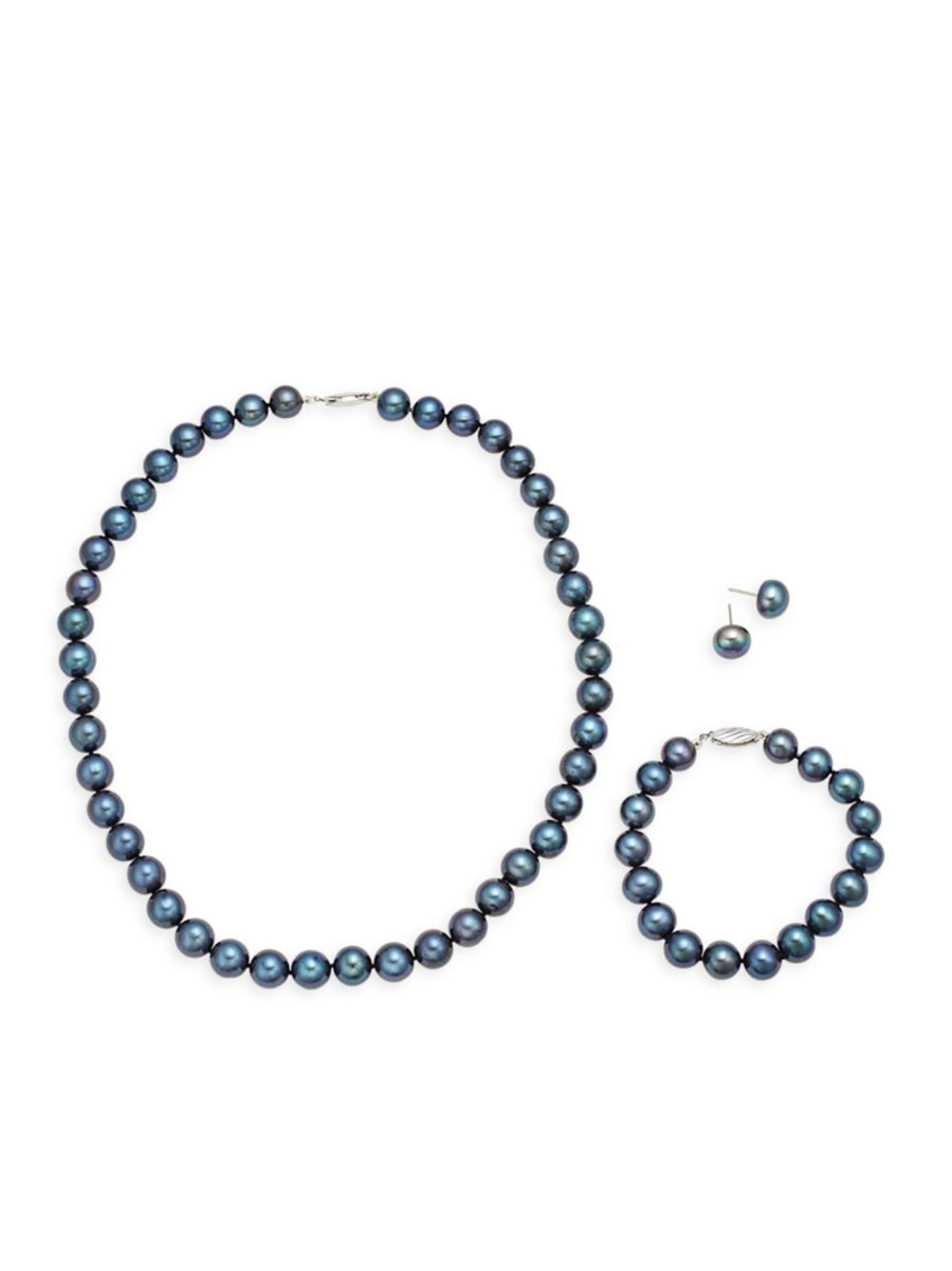 BELPEARL Women's 3-Piece Sterling Silver & 9-10MM Black Pearl Necklace, Bracelet & Earrings Set  - female - Size: one-size