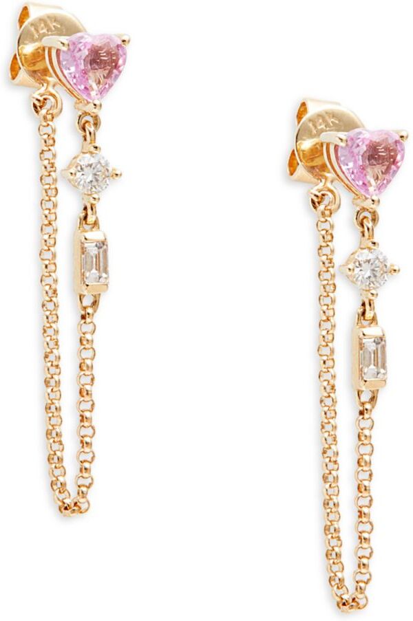 Saks Fifth Avenue Made in Italy Saks Fifth Avenue Women's 14K Yellow Gold, Pink Sapphire & Diamond Heart Chain Back Earrings  - female - Size: one-size