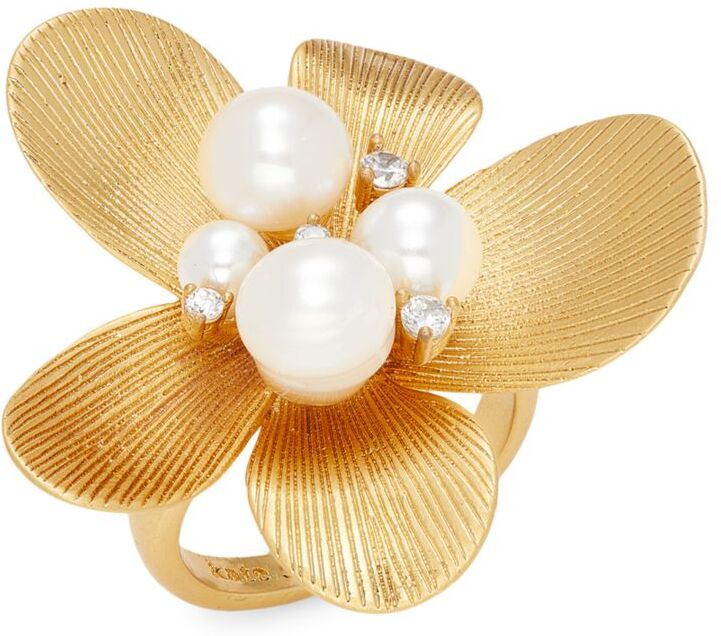 kate spade new york Women's Goldtone, 3MM & 5MM Round Freshwater Pearl, Glass Pearl, Cubic Zirconia & Enamel Floral Ring - Size 5  - female - Size: 5