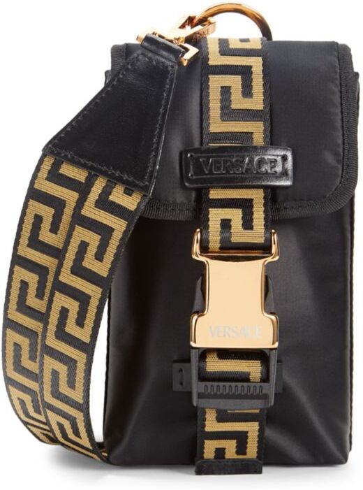 Versace Men's Greca Leather Lanyard Phone Case - Black Gold  - male