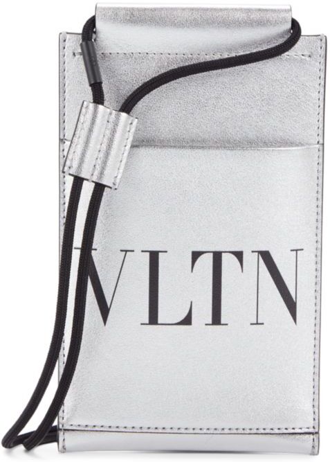 Valentino Garavani Men's Logo Metallic Leather Phone Case - Silver  - male