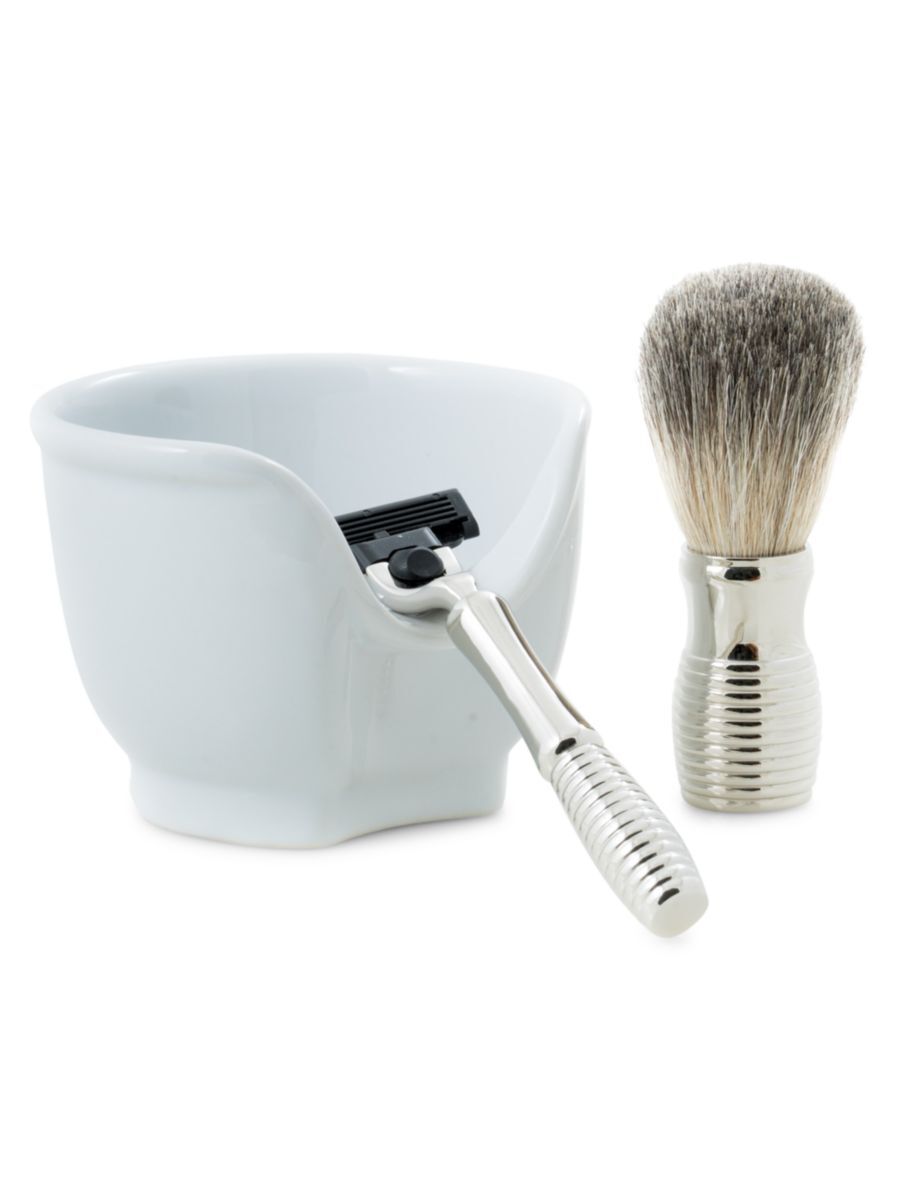 Bey-Berk 3-Piece Mach3 Razor, Badger Brush & Porcelain Soap Dish Set - White  - unisex