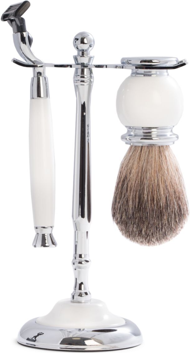 Bey-Berk Men's 3-Piece Mach3 Razor, Badger Brush & Chrome Stand Set - Silver