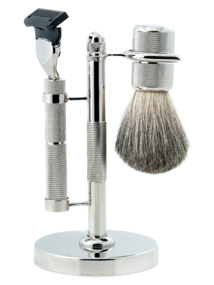 Bey-Berk Men's 3-Piece Fusion Razor, Badger Hair Shaving Brush & Stand Set - Silver