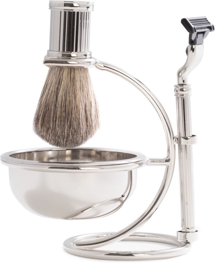 Bey-Berk Men's 3-Piece Mach3 Razor, Badger Brush, Soap Dish & Stand Set - Silver  - unisex