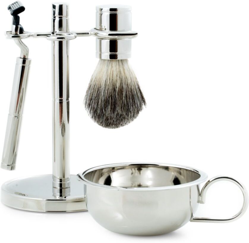 Bey-Berk Men's 4-Piece Mach3 Razor, Badger Brush, Soap Dish & Stand Set - Silver  - unisex